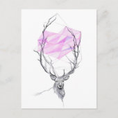 鹿とピンクの幾何学的ハートスケッチ動物画 ポストカード (正面)