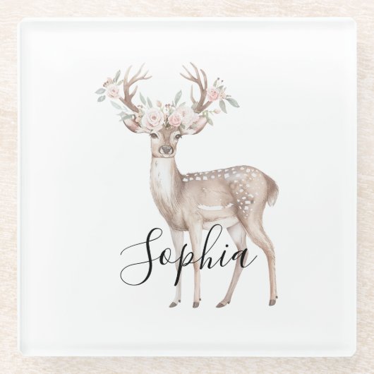 鹿とピンクの花 ガラスコースター (正面)