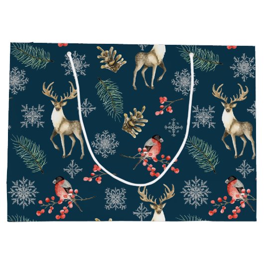 鹿とブルフィッチブルーのクリスマスパターン ラージペーパーバッグ (裏面)