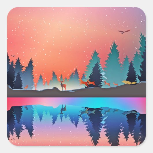 鹿と冬の名勝の湖 スクエアシール (正面)