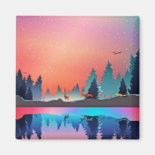 鹿と冬の名勝の湖 マグネット (正面)