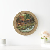 鹿と川の滝の黄褐色 ラージ壁時計 (ホーム)