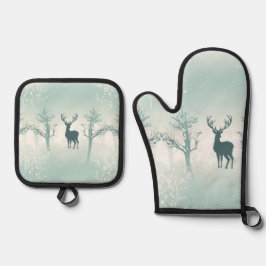鹿と木のパターン 鍋つかみ&鍋敷きセット