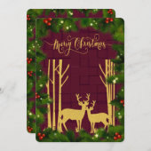 鹿と木の金ゴールドグリッタークリスマスフラットカード 案内状 (正面/裏面)
