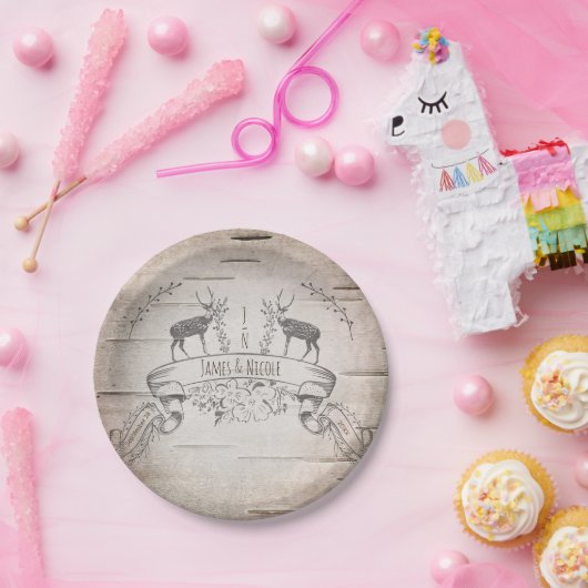 鹿と枝素朴の樺の木ウェディングレセプション ペーパープレート (パーティー)