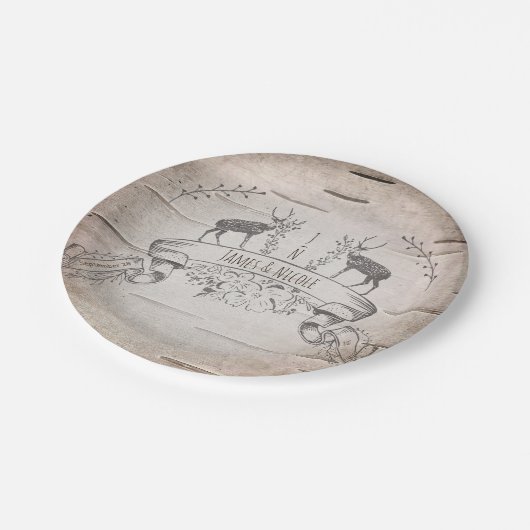 鹿と枝素朴の樺の木ウェディングレセプション ペーパープレート (アングル)