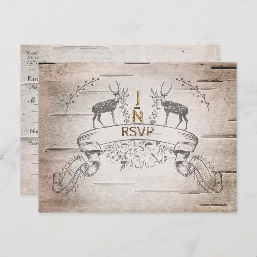 鹿と枝素朴の樺の木ウェディングRSVP インビテーションポストカード (正面/裏面)