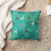 鹿と花の模様 – 水色と茶色の冬 クッション (ブランケット)