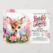 鹿と野花ピンクの赤ちゃんシャワー 招待状 (正面/裏面)