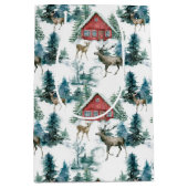 鹿と雪の木々と森のキャビン ミディアムペーパーバッグ (正面)