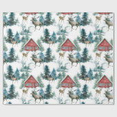 鹿と雪の木々と森のキャビン ラッピングペーパー (フラット)