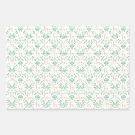 鹿と青と緑のホリートレリス ラッピングペーパーシート (正面)