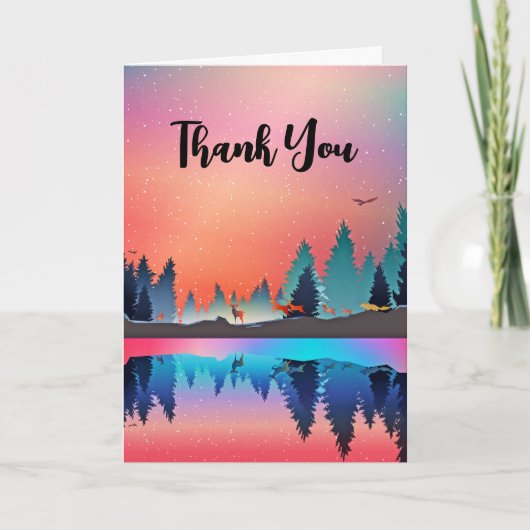 鹿と風光明媚な冬の湖ありがとう カード (正面)