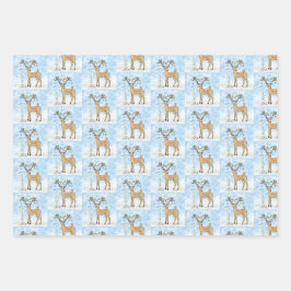 鹿と鳥のクリスマスプレゼントのラップシート ラッピングペーパーシート