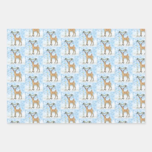 鹿と鳥のクリスマスプレゼントのラップシート ラッピングペーパーシート (正面)