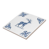 鹿と〔雄ジカの〕枝角デルフトブルーとホワイトコーナー タイル (側面)