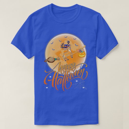 鹿に乗る魔女ショットムーンヴィンテージ鹿ハロウィン Tシャツ (デザイン正面)