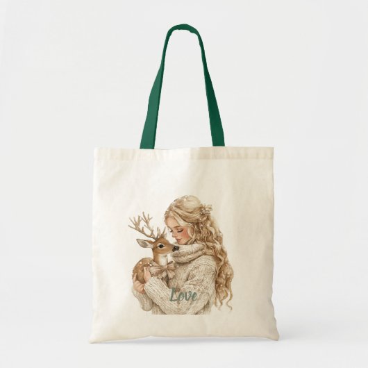 鹿のいる少女のクリスマス トートバッグ (正面)