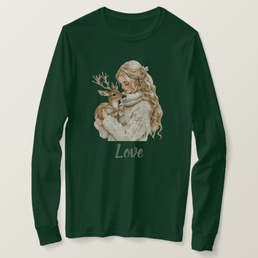鹿のいる少女のクリスマス Tシャツ (デザイン正面)