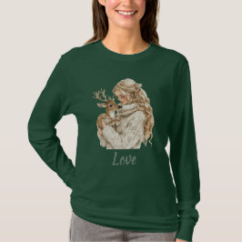鹿のいる少女のクリスマス Tシャツ
