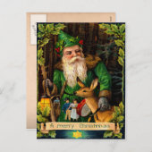 鹿のいる森の中のグリーンサンタ シーズンポストカード (正面/裏面)