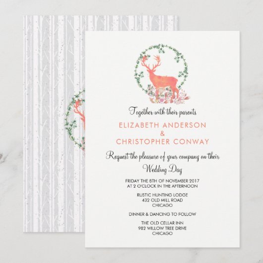 鹿のいる牧歌的な植物水彩ウェディング 招待状 (正面/裏面)