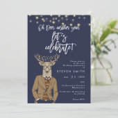 鹿のいる素朴なネイビーのイルミネーション誕生日パーティー 招待状 (スタンド正面)