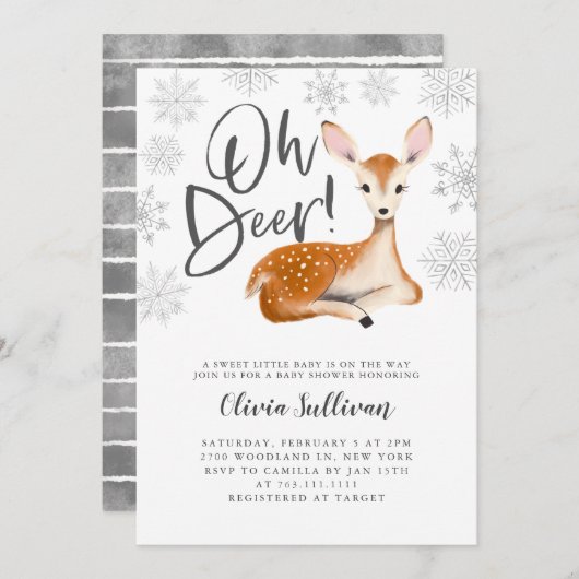 鹿のいる素朴な冬の男女兼用ベビーシャワー 招待状 (正面/裏面)