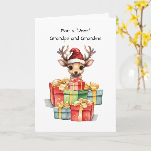 鹿のおじいちゃんとおばあちゃん可愛いクリスマスパイル愛 カード (黄色い花)