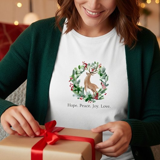鹿のカスタム付き水彩クリスマスリース Tシャツ