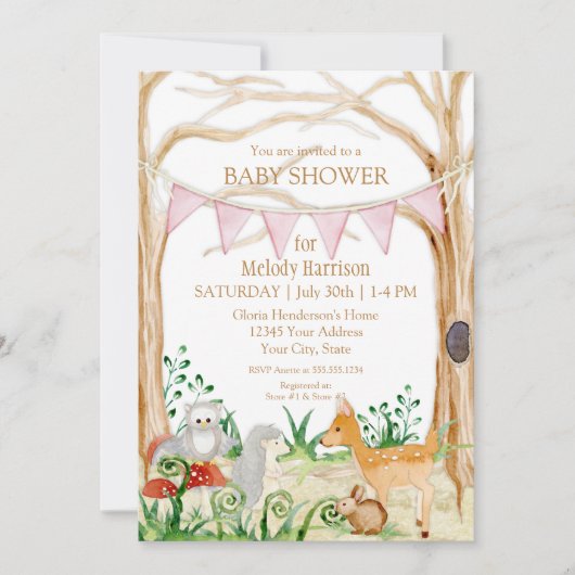 鹿のキツネかわいい動物うさぎフクロウの森のベビーシャワー 招待状 (正面)