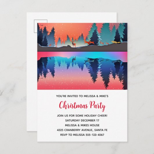 鹿のクリスマスと風光明媚な冬の湖 インビテーションポストカード (正面/裏面)