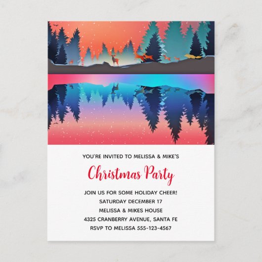 鹿のクリスマスと風光明媚な冬の湖 インビテーションポストカード (正面)