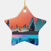 鹿のクリスマスと風光明媚な冬の湖 セラミックオーナメント (正面)