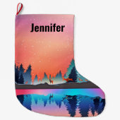鹿のクリスマスと風光明媚な冬の湖 ラージクリスマスストッキング (正面)