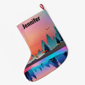 鹿のクリスマスと風光明媚な冬の湖 ラージクリスマスストッキング (裏面 (吊り時))