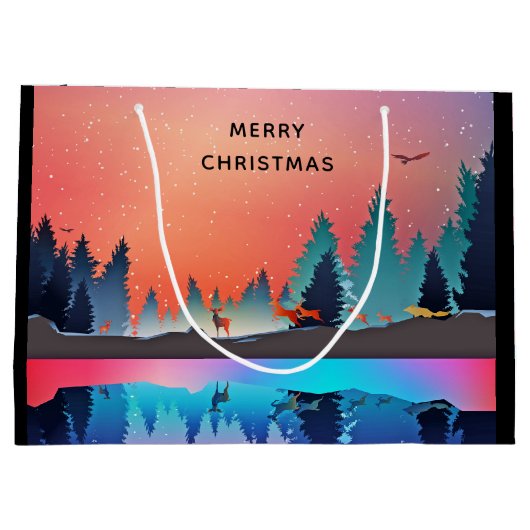 鹿のクリスマスと風光明媚な冬の湖 ラージペーパーバッグ (裏面)