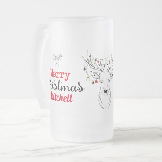 鹿のクリスマスパーソナライズされた フロストグラスビールジョッキ (正面左)