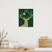 鹿のシルエット、鳩のシルエット、星の影 ポスター (キッチン)