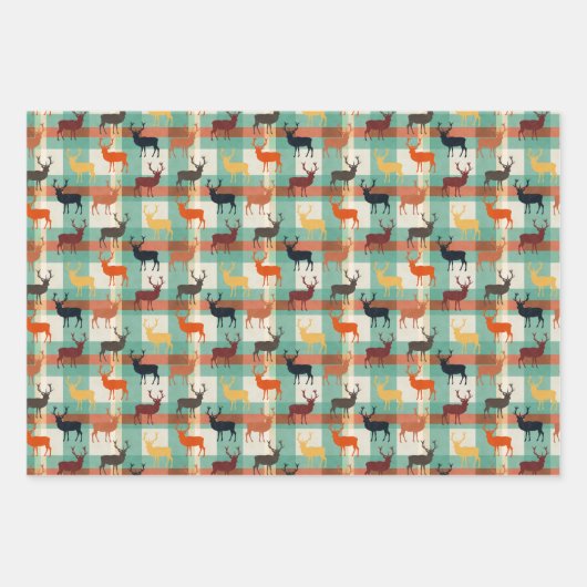 鹿のトナカイ タルタン模様のステッカー  ラッピングペーパーシート (正面2)