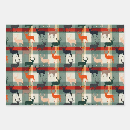 鹿のトナカイ タルタン模様のステッカー  ラッピングペーパーシート (正面)