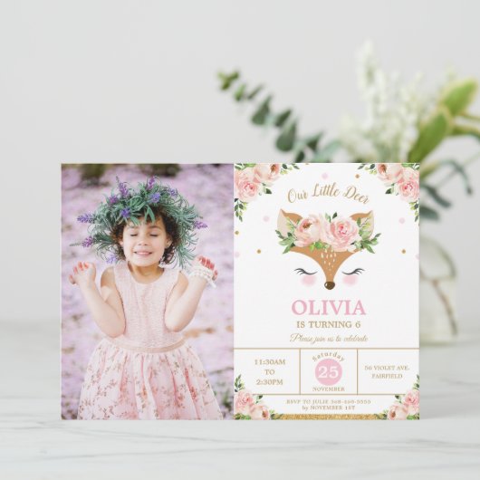 鹿のピンクフローラウッドランド誕生パーティーの写真 招待状 (スタンド正面)