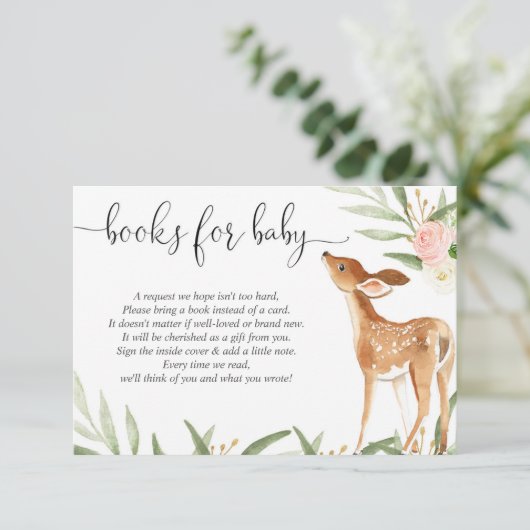 鹿のブックリクエスト女の子の赤ちゃんシャワーブックインサート エンクロージャーカード (スタンド正面)