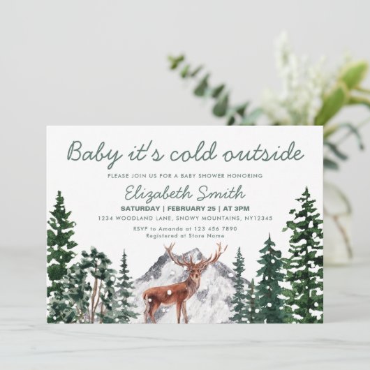 鹿のベビー外が寒い男の子の赤ちゃんシャワー 招待状 (スタンド正面)