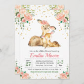 鹿のママと赤ちゃんの森のシャワー フローラル ピーチ 招待状 (正面/裏面)
