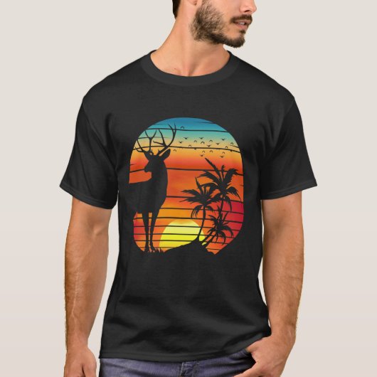 鹿のレトロな夕焼け Tシャツ (正面)