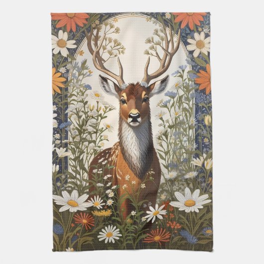 鹿の中にデイジー花 キッチンタオル (縦)