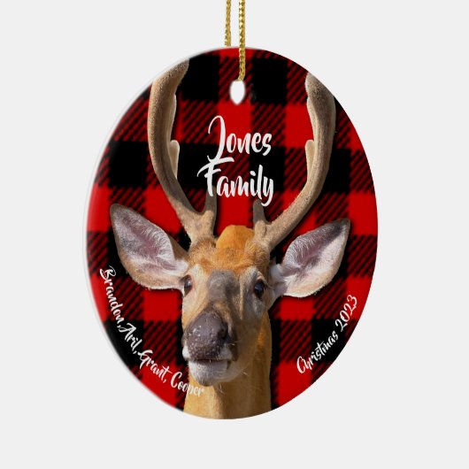 鹿の写真 – クラシック赤と黒の格子模様 セラミックオーナメント (右)