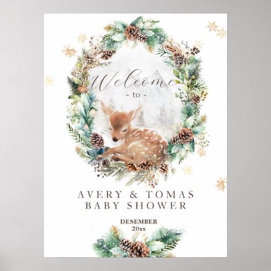 鹿の冬の森の赤ちゃんシャワーへようこそ ポスター (正面)