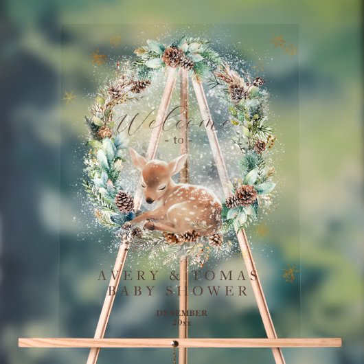 鹿の冬の森林コールド外の赤ちゃんシャワー アクリルサイン (ニュートラル)